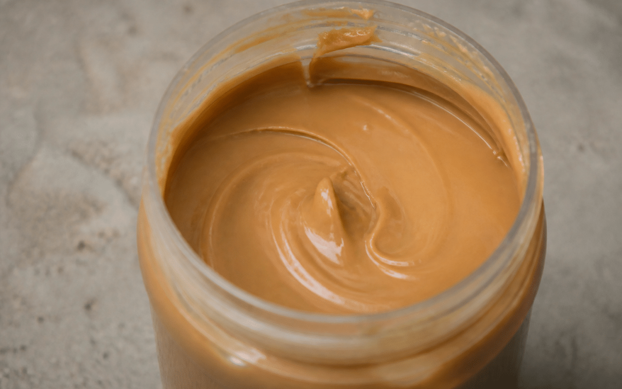 Pot ouvert rempli de pate lisse couleur caramel