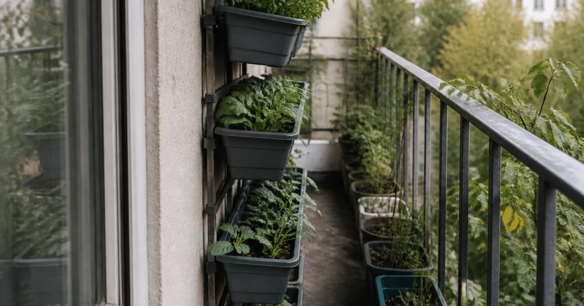 Pots de legumes alignes sur balcon etroit en rangees verticales