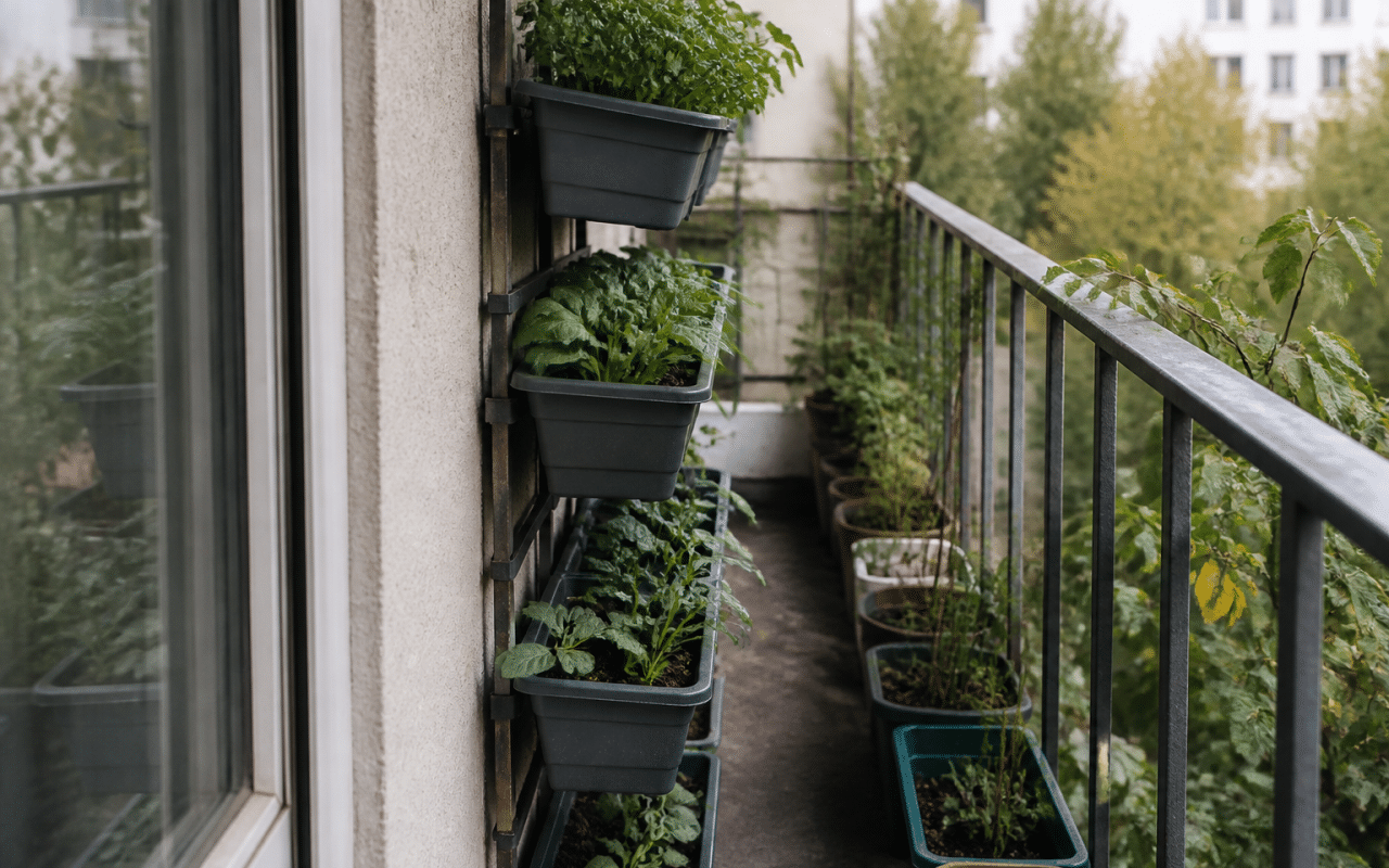 Pots de legumes alignes sur balcon etroit en rangees verticales