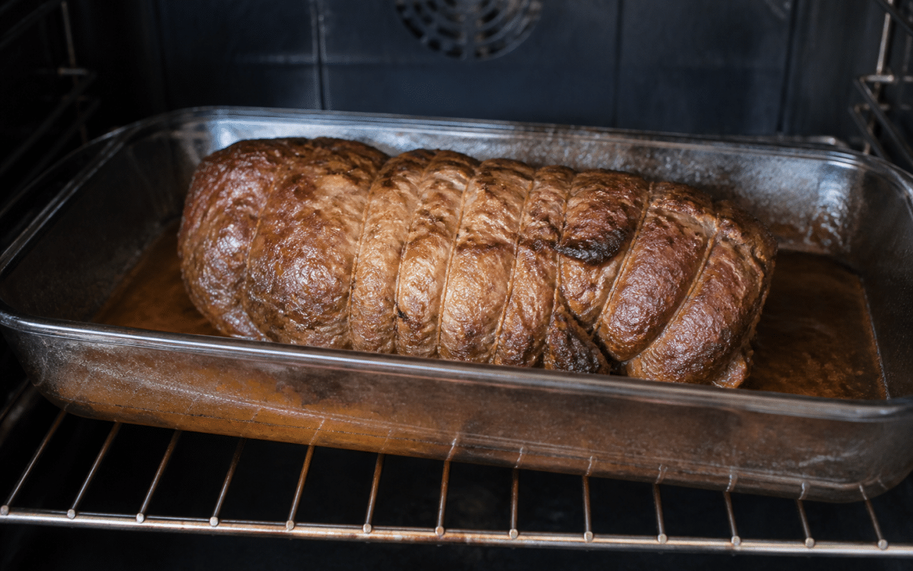 Roti de boeuf dore dans plat allonge au four