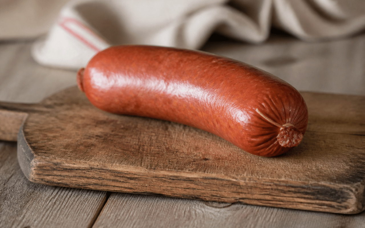 Saucisse de Morteau entiere posee sur planche bois rustique
