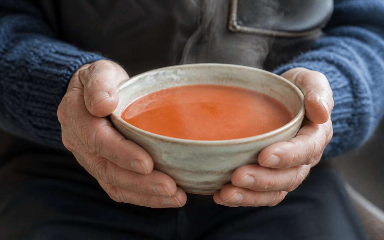 Bol de soupe tomate rouge fumante tenu par mains ridees