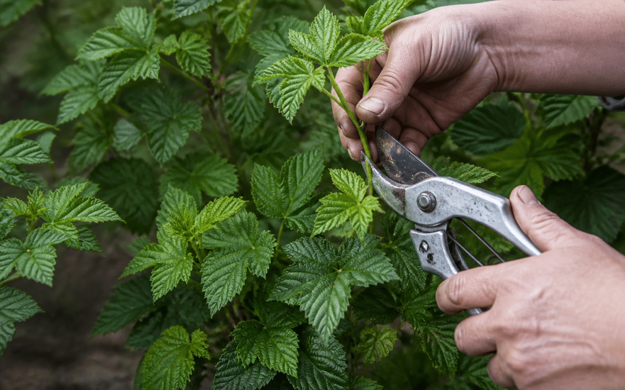 Mains tenant branches feuillues de framboisier avec cisailles de jardinage